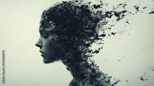 Silhouette of a man dissolving into glass-like fragments, symbolizing depression, loneliness, and fragile mental health. Abstract concept with caption space on blurred background for awareness themes.