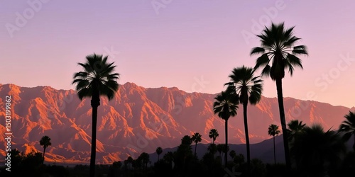 Majestic California palm trees silhouette against towering Coachella Valley mountains,  La Quinta,  desert