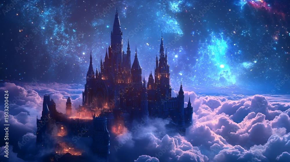 Fototapeta premium Majestic Castle Above Clouds Under Starry Night Sky