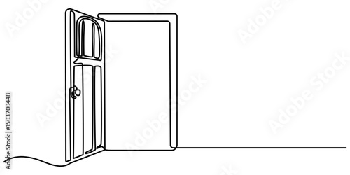 Door outline drawing illustration. one continuous line drawing of opened door, Continuous one line drawing of Opened door design. Opened door - hope, success symbol in single line draw illustration. 