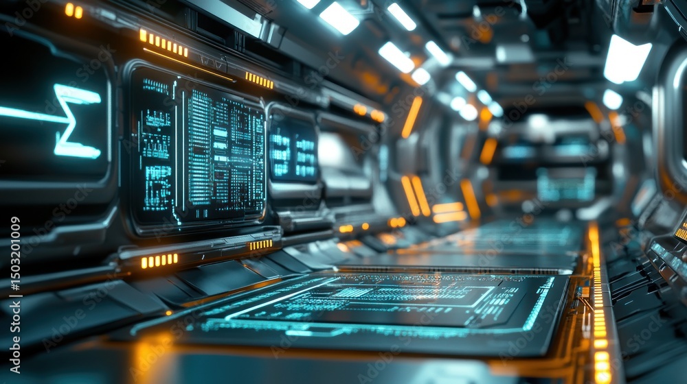 Fototapeta premium Futuristic spaceship corridor with glowing displays