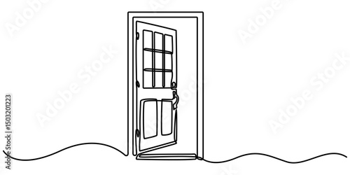Door outline drawing illustration. one continuous line drawing of opened door, Continuous one line drawing of Opened door design. Opened door - hope, success symbol in single line draw illustration. 