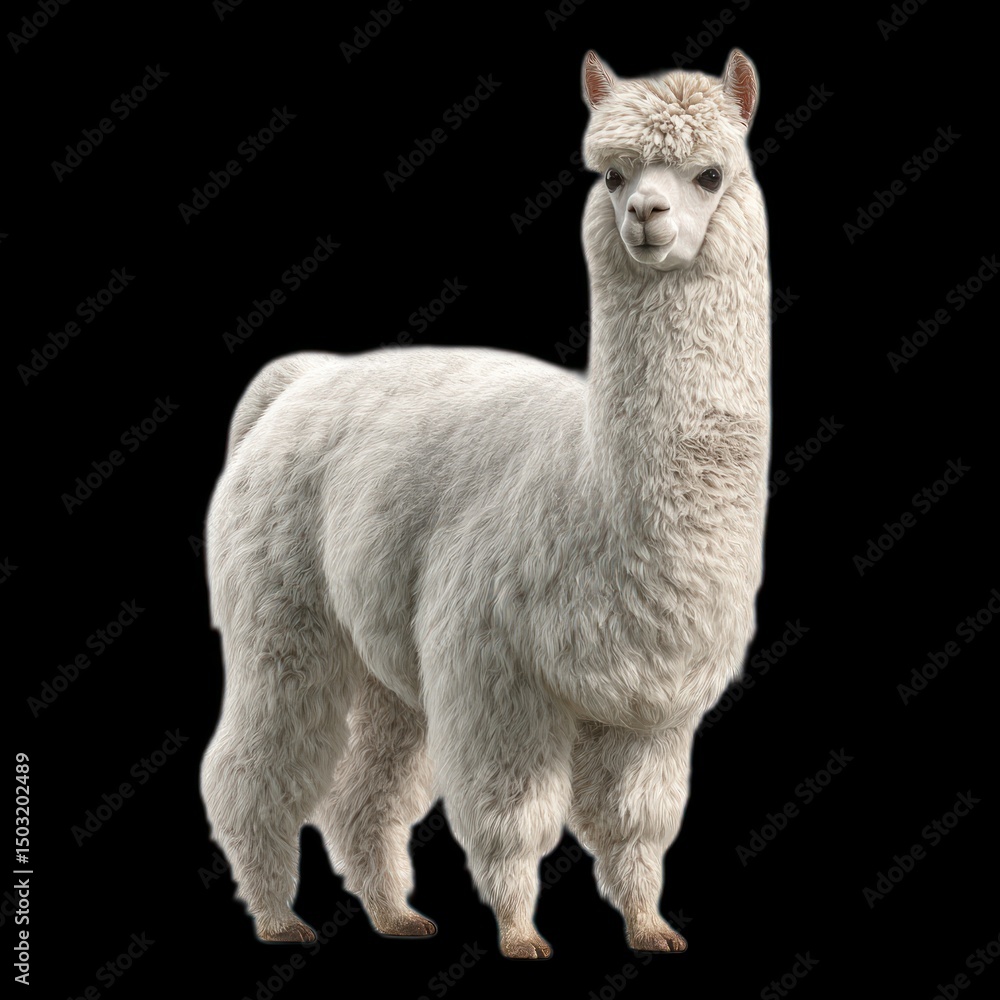 Obraz premium White Alpaca Standing Against a Black Background in a Studio Setting
