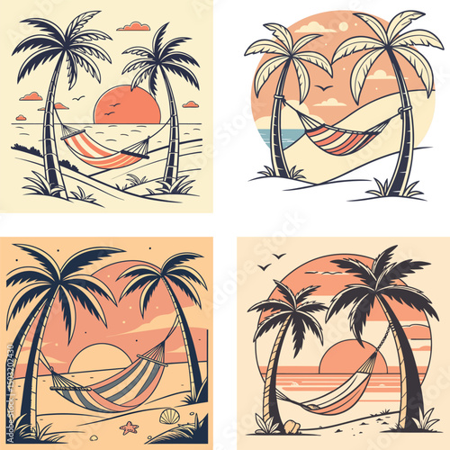A beachside hammock between two palm trees with a retro sunset.