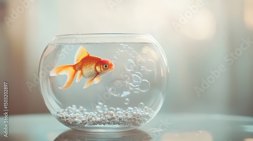 Wallpaper Mural Close-up image of a goldfish blowing bubbles in a minimalist bowl with soft-focus background and reflective glass Torontodigital.ca