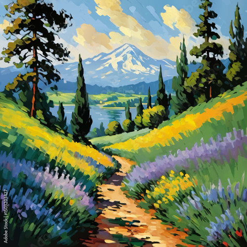 summer mountain landscape with lake, and flowers vector illustration