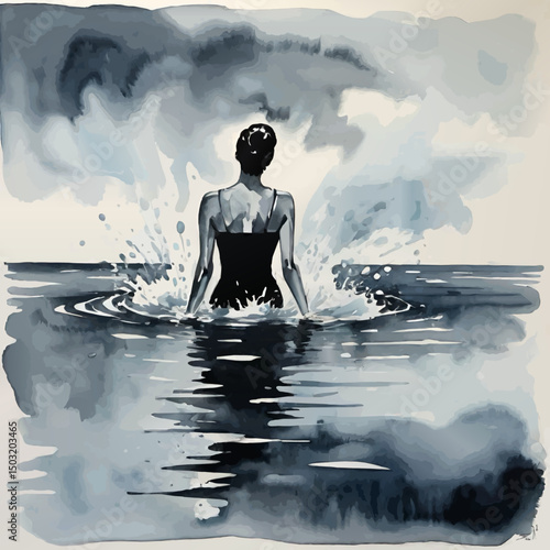 woman bathing in the ocean watercolor illustration