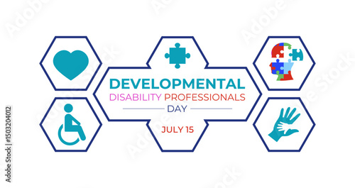 Developmental Disability Professionals Day is celebrated on July 15. People, heart ,puzzzle and hand icon banner. Design for web banner, cards, prints, social media, poster, flyer and background.