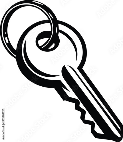 Key with a keyring silhouette vector illustration, black key with a keyring line art vector graphics design, key with a keyring vector logo icon design