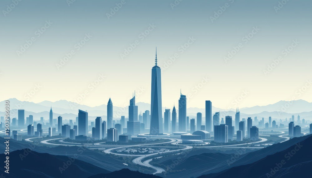 Obraz premium Urban skyline at dusk minimalist cityscape digital illustration modern architecture serene atmosphere