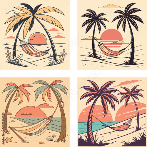 A beachside hammock between two palm trees with a retro sunset.