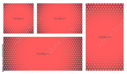 Vector halftone backgrounds with inverted hexagonal frames in multiple aspect ratios: 1:1, 3:2, 9:16, 21:9. Alternating geometrical design for UI, banners, overlays, bold posters and creative projects