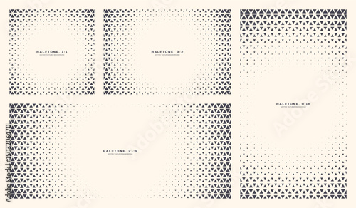 Stylized modern halftone border set with triangle dot grids for various aspect ratios. Perfect for digital graphics, UI layouts, trendy posters, modern presentations and tech-inspired abstract design