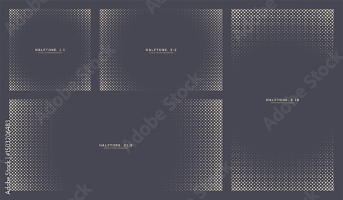 Minimal halftone round frame set with dot and rhombus patterns. Includes 1:1, 3:2, 9:16, 21:9 formats. Ideal for posters, UI, overlay texture, trendy banners. Half tone design elements collection