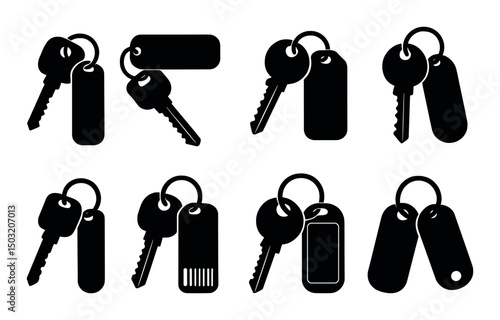 Key silhouette icons set – simple, dark keychain and lock symbols for design