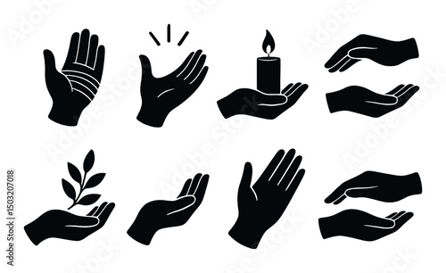 Healing hands silhouette icons set – wellness, care and support graphics