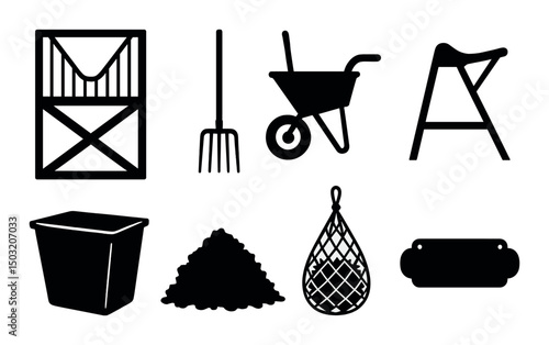 Horse stable silhouette icons set – outline, equestrian essentials and barn tools