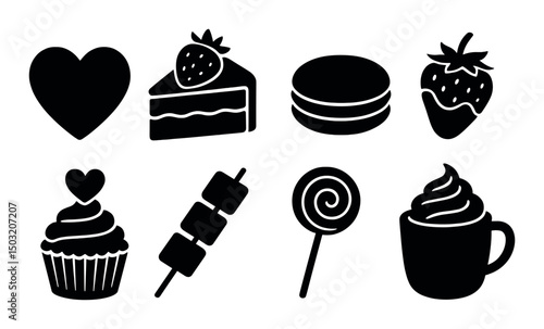 Valentine treats silhouette icons set – love, dessert, and romantic symbols