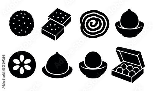 Diwali sweets icons set – silhouette, festive, indian dessert symbols