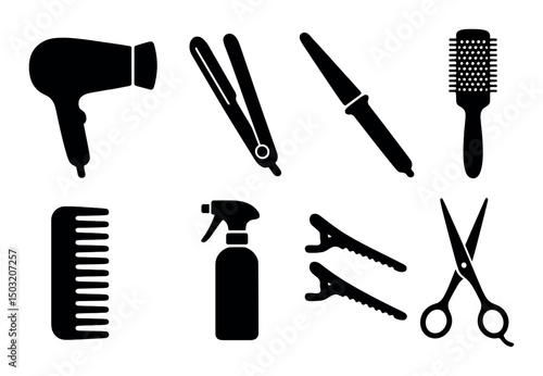 Hair styling tools silhouette icons set – haircut, salon and grooming essentials