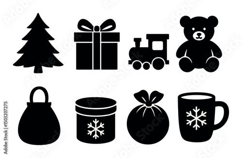 Christmas silhouette icons set – festive, holiday symbols for decorations