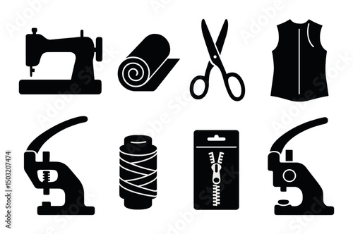 Jean manufacturing icons set – silhouette, garment production and textile tools symbols