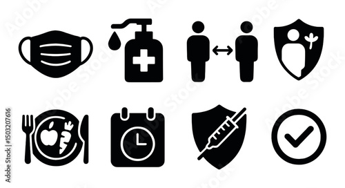 Preventive health silhouette icons set – safety, wellness and protection symbols