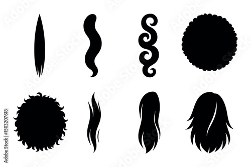 Hair texture silhouettes icons set – simple, hairstyle and coiffeur shapes