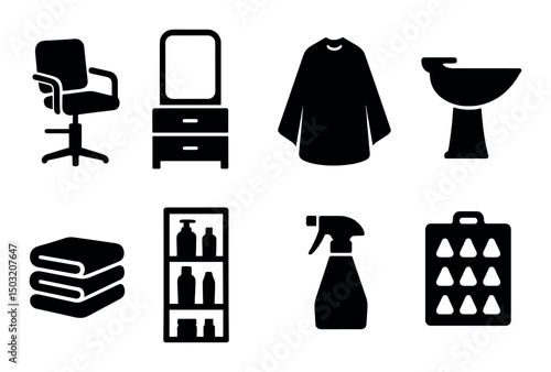 Hair salon essentials silhouette icons set – simple, beauty care and styling symbols