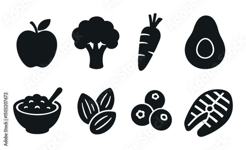 Healthy foods icons set – silhouette style, nourishment and diet graphics