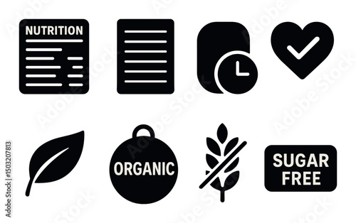 Food label silhouette icons set – organic, nutrition, and dietary symbols