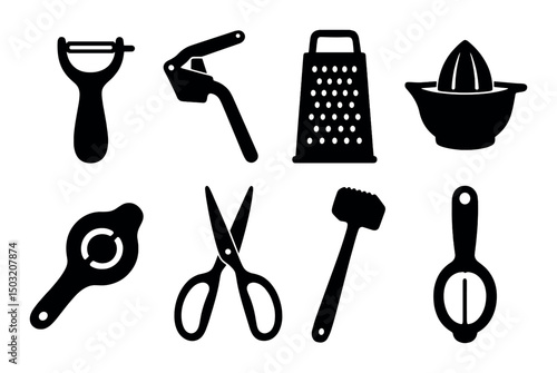 Food prep tool icons set in silhouette style – kitchen, cooking and utensil symbols