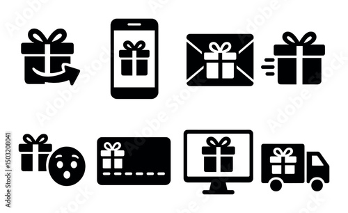 Digital gifts silhouette icons set – present, delivery and e-gift symbols
