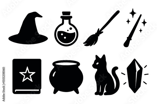Witchcraft icons set - silhouette, magic, occult symbols for mystical design