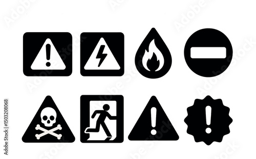 Warning icons set – silhouette, alert symbols for caution and safety notifications