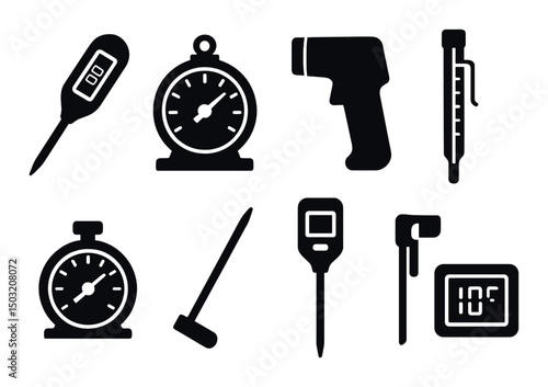 Kitchen thermometer silhouette icons set – measurement, cooking and temperature tools