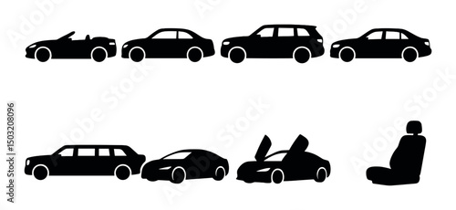 Luxury car silhouette icons set – simple, vehicle and automobile symbols