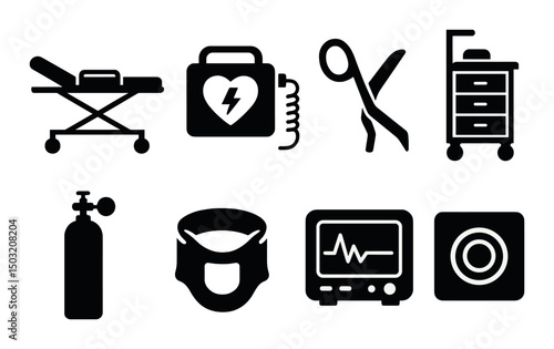 Emergency room essentials icons set – silhouette, healthcare, medical symbols