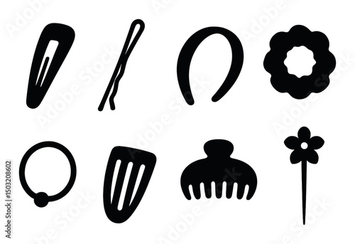 Hair accessories silhouette icons set – elegant, simple hairpiece and style symbols