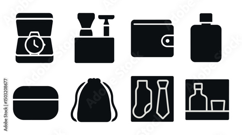Men's gift icons set – silhouette style, presents and accessories symbols for him
