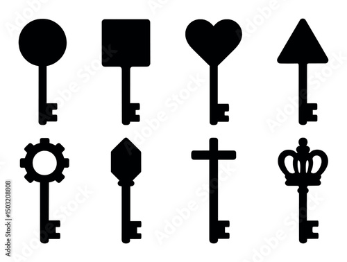 Key silhouette icons set – minimalist, antique locks and keyhole symbols