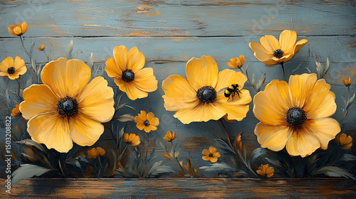 Rustic Wooden Wall with Vibrant Yellow Wildflowers and Bumblebee in Vintage Hand-Painted Botanical Style
