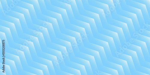 Diagonal chevron pattern with stipple shading in blue tones. Sharp abstract layout with angle-driven motion. Vector ultra wide panoramic design ideal for backdrops, wallpapers and mod digital surfaces