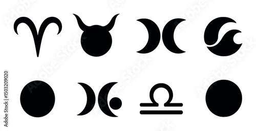 Zodiac and moon silhouette icons set – astrology, celestial and horoscope symbols
