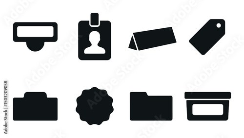 Office label silhouette icons set – simple, organizational and categorizing graphics