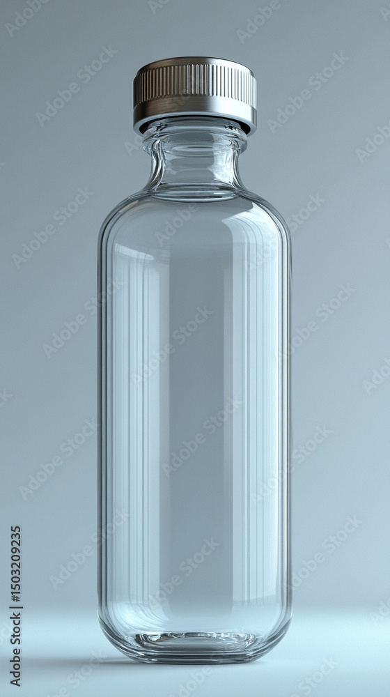 Naklejka premium Transparent glass vial with metallic cap standing upright on a clean light background. Minimalistic 3D rendering mockup concept, ideal for branding, packaging design, and pharmaceutical product presen