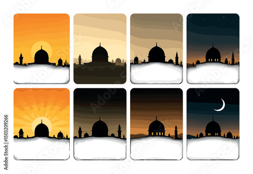 Jerusalem skyline silhouette icons set – skyscapes, sunset, and night scenes