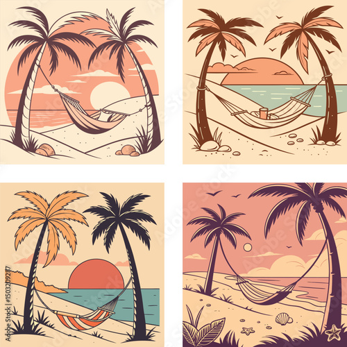 A beachside hammock between two palm trees with a retro sunset.