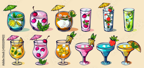 Set of alcoholic cocktails in glasses in cartoon retro style of different shapes. Classic summer drinks, aperitif. Hippie groovy drinks stickers set of vector