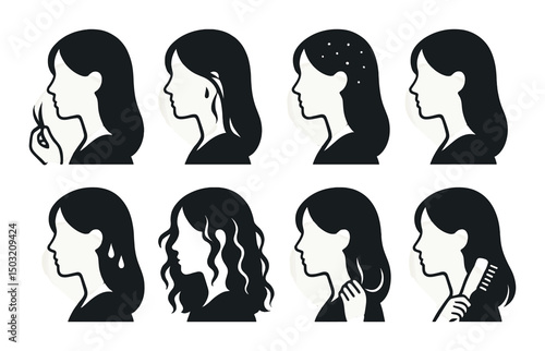 Hair troubles icons set in silhouette – simple, hairstyling and care symbols